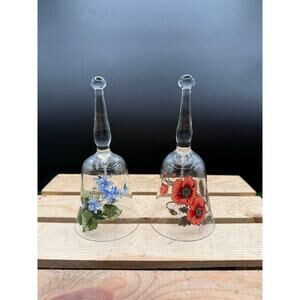 Set of 2 Vintage Avon Clear Glass Bells 24% Lead Crystal w/ Flowers